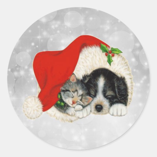 Sticker Rond Cute Dog Cat Santa Cap (Devant)
