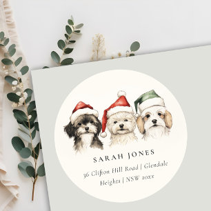 Sticker Rond Cute Dog Furry et Bright Christmas Address