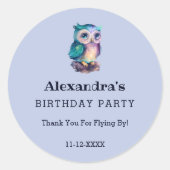 Sticker Rond Cute Dusty Blue Owl Anniversaire de enfant Merci (Devant)