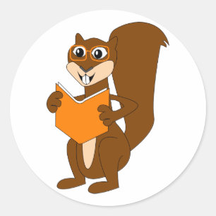 Sticker Rond Cute écureuil de dessin avec lunettes Livre de lec