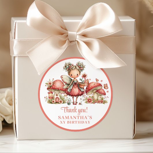 Sticker Rond Cute Fairy 5th Birthday Pink Mushroom Thank You  