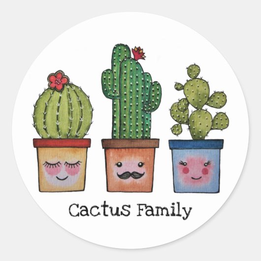 Sticker Rond Cute Famille Cactus En Aquarelle (Devant)