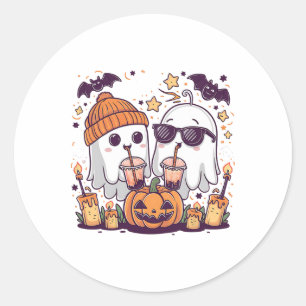 Sticker Rond Cute Fantôme Boire Café Drôle Costume Halloween