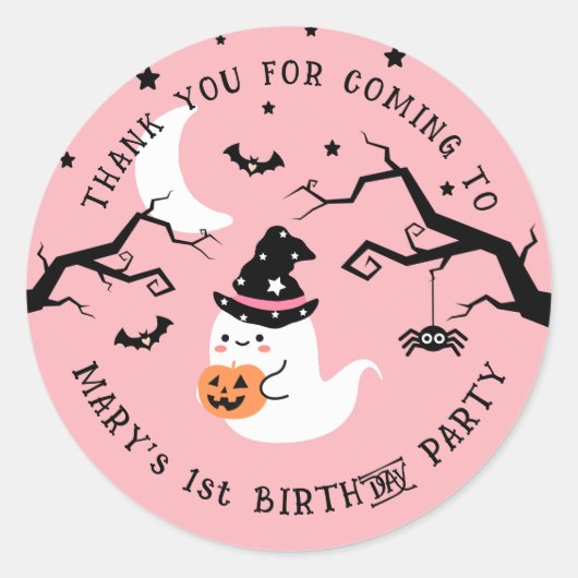 Sticker Rond Cute Fantôme rose Halloween Merci fête d'anniversa (Devant)