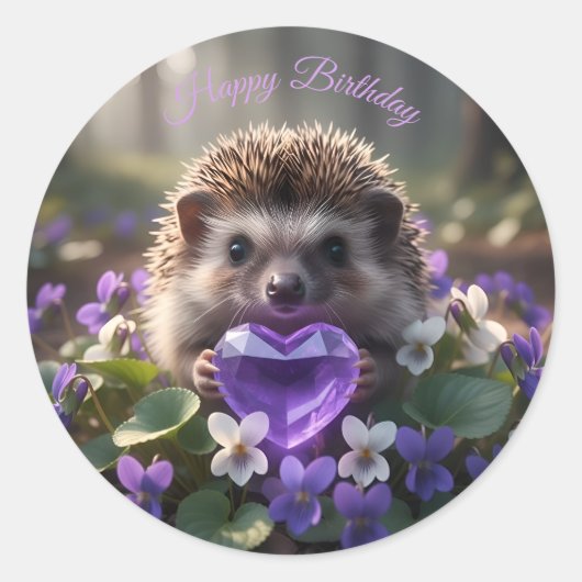 Sticker Rond Cute February Hedgehog with Amethyst Heart (Devant)