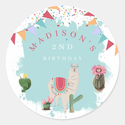 Sticker Rond Cute Fiesta Llama & Cactus Anniversaire de enfant (Devant)