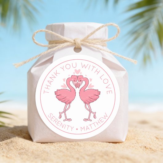 Sticker Rond Cute Flamingos Tropical Beach Wedding Thank You