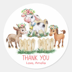 Sticker Rond Cute Floral Animaux de ferme Merci