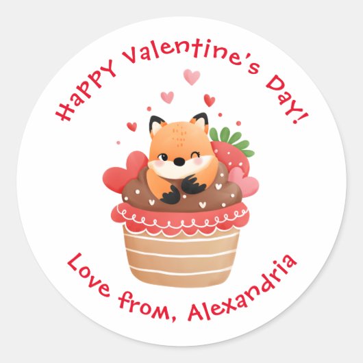 Sticker Rond Cute Fox dans Cupcake Custom Kids Saint-Valentin (Devant)