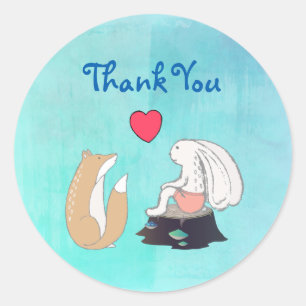 Sticker Rond Cute Fox et Rabbit Woodland Créatures Merci