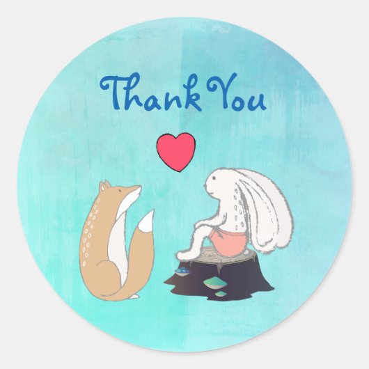 Sticker Rond Cute Fox et Rabbit Woodland Créatures Merci (Devant)