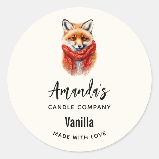 Sticker Rond Cute Fox in a Red Scarf Autumn Candle Business (Devant)
