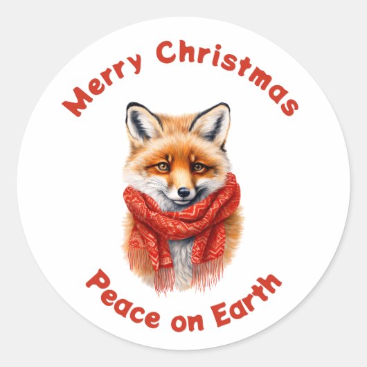 Sticker Rond Cute Fox in a Red Scarf Christmas Peace (Devant)