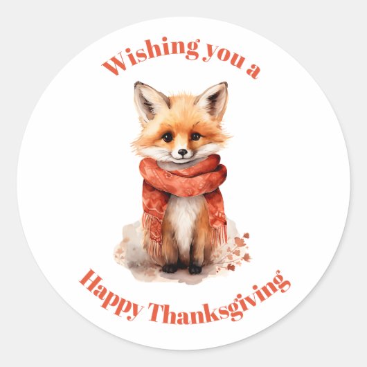 Sticker Rond Cute Fox Pup in a Red Scarf Thanksgiving (Devant)