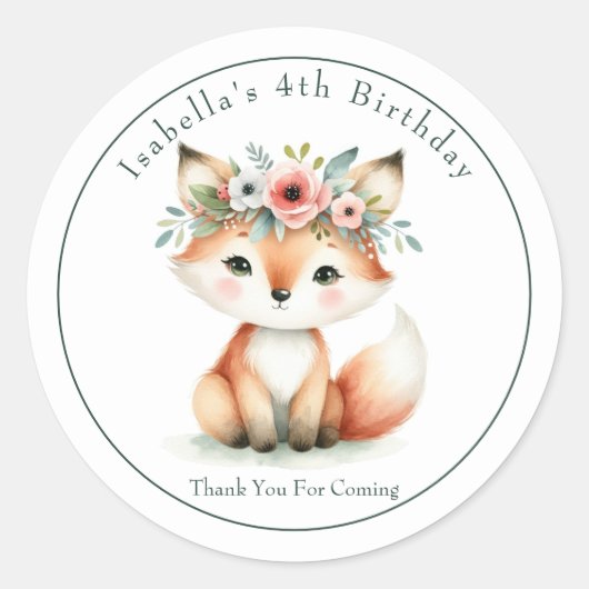 Sticker Rond Cute Fox Woodland "Merci" Anniversaire Favoriser (Devant)
