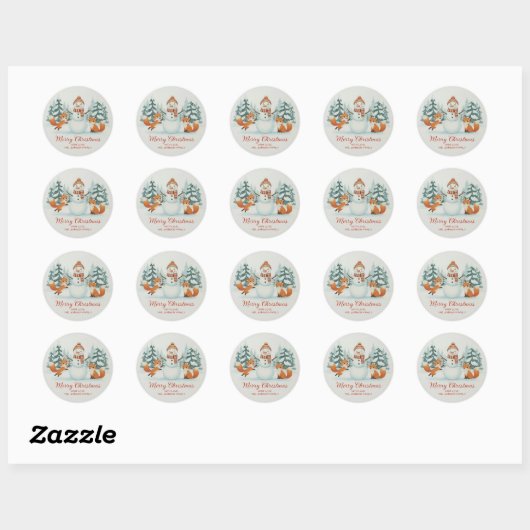 Sticker Rond Cute Foxes and Snowman Merry Christmas (Feuille)