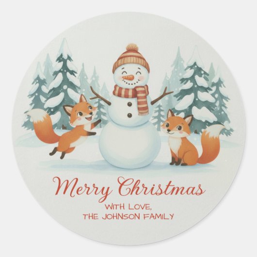 Sticker Rond Cute Foxes and Snowman Merry Christmas (Devant)