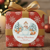 Sticker Rond Cute Foxes and Snowman Merry Christmas
