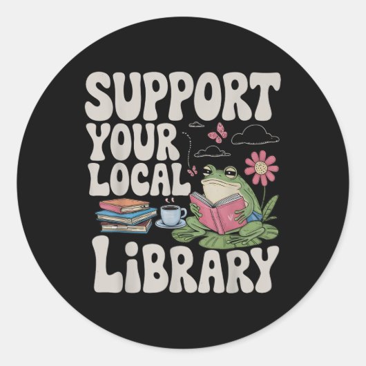 Sticker Rond Cute Frog Support Your Local Library Librairie Boo (Devant)