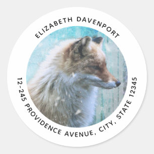 Sticker Rond Cute Furry Fox sur Blue Grunge Adresse Arrière - p