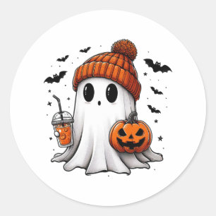 Sticker Rond Cute Ghost Boire Café Halloween Ghost Ice Cof