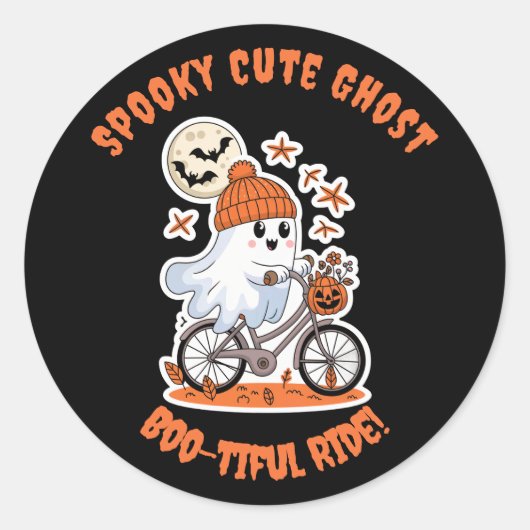 Sticker Rond Cute Ghost Halloween - Adorable Biking Ghost (Devant)