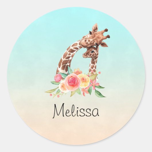 Sticker Rond Cute Giraffe Aquarelle Maman & Bébé (Devant)