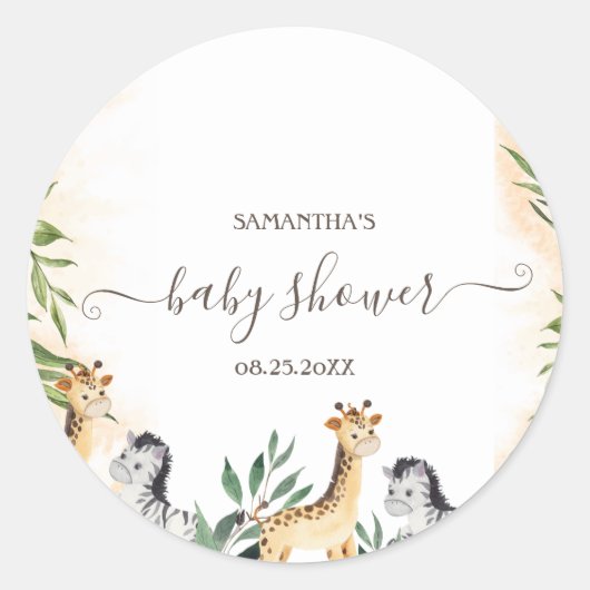 Sticker Rond Cute Giraffe, Baby shower Feuille Zebra (Devant)