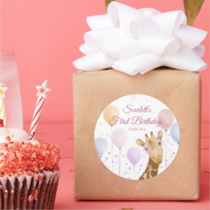 Sticker Rond Cute Giraffe Colorful Balloon Girl 1ère Anniversai
