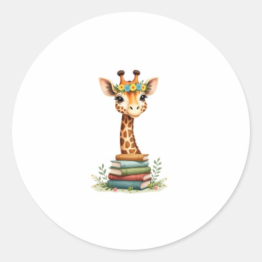 Sticker Rond Cute Giraffe With Book Floral Bookworm Librarian B (Devant)