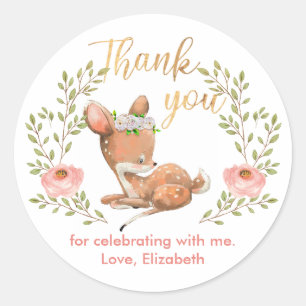 Sticker Rond Cute Girl Baby Fawn Merci de fête d'anniversaire