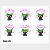 Sticker Rond Cute Girl Chat Noir Rose Parties scintillant Vert (Feuille)