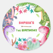 Sticker Rond Cute Girl Dinosaur 1st Birthday Party (Devant)