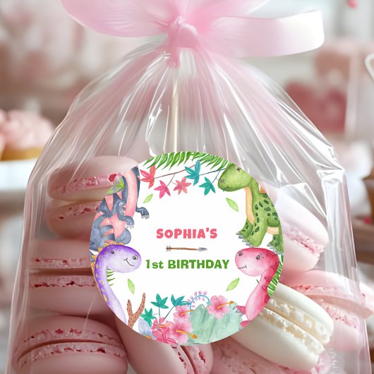 Sticker Rond Cute Girl Dinosaur 1st Birthday Party