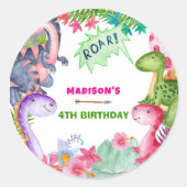 Sticker Rond Cute Girl Dinosaur 4th Birthday Party (Devant)