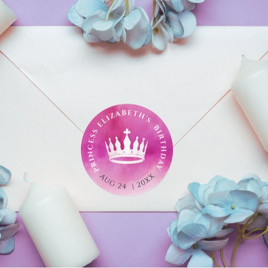 Sticker Rond Cute Girly Princess Couronne rose Aquarelle blanch