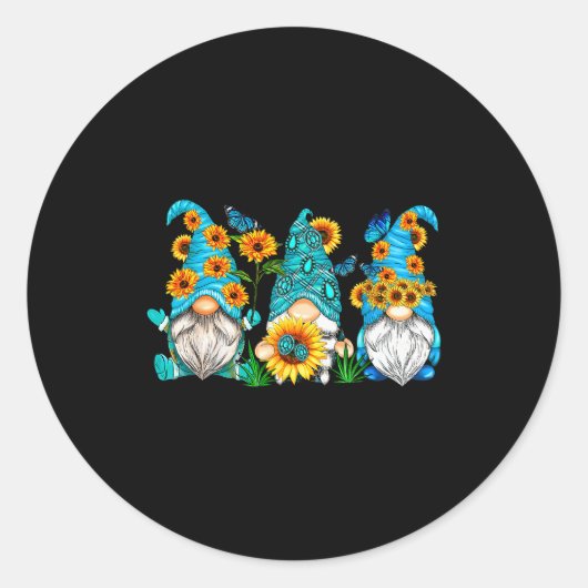Sticker Rond Cute Gnomes With Sunflower Butterfly Gardeners Sum (Devant)