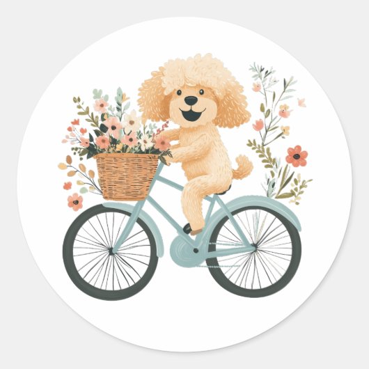 Sticker Rond Cute Goldendoodle Chien Vélo Fleurs de printemps (Devant)
