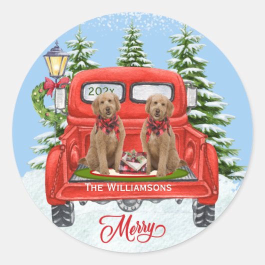 Sticker Rond Cute Goldendoodle Chipies Vintage Camion Rouge (Devant)
