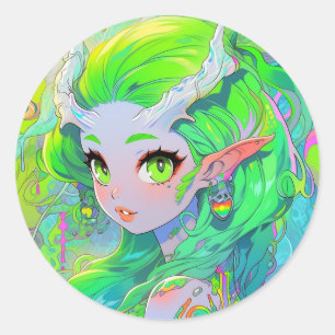 Sticker Rond Cute Green Horned Wood Elf Anime Girl
