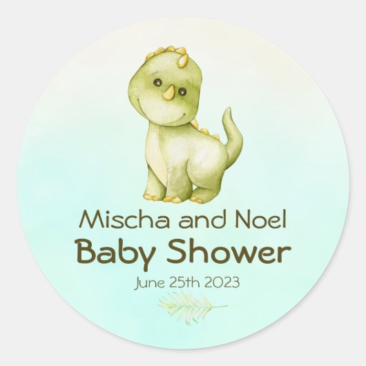 Sticker Rond Cute Green T Rex Dinosaur Boys Baby shower (Devant)