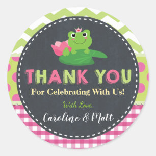 Sticker Rond Cute grenouille Baby shower vert rose Merci Favore