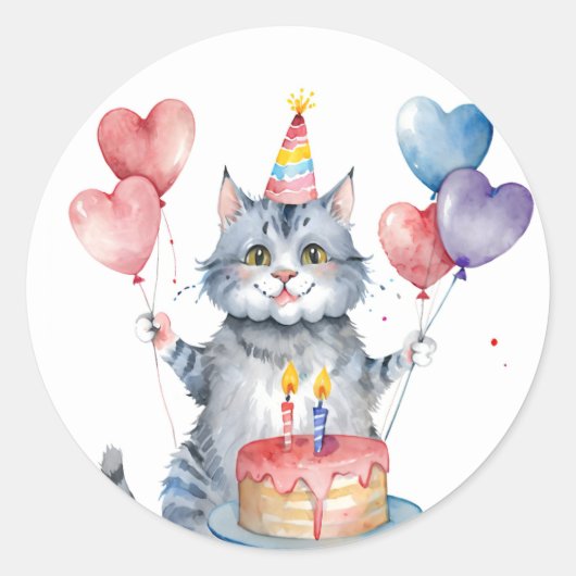 Sticker Rond Cute Grey Chat gâteau d'anniversaire - Anniversair (Devant)
