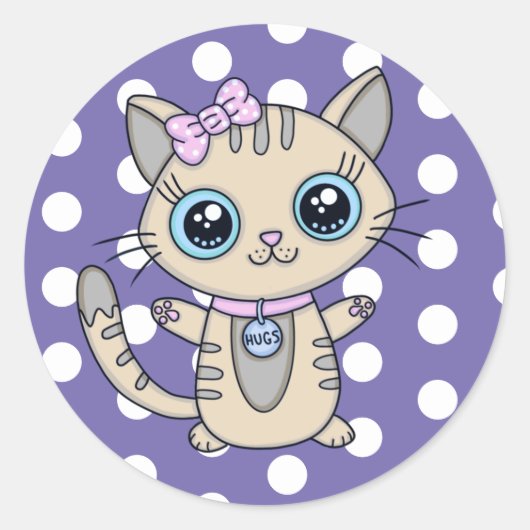 Sticker Rond Cute Grey Kitty Chat violet Polka Point personnali (Devant)