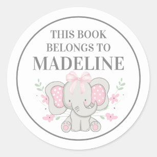 Sticker Rond Cute Gris Rose Polka Point Elephant Plaque