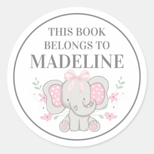 Sticker Rond Cute Gris Rose Polka Point Elephant Plaque (Devant)