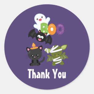 Sticker Rond Cute Halloween Chat, chauve-souris, momie et Merci