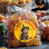 Sticker Rond Cute Halloween Kitten En Sorcière Casquette Fête F
