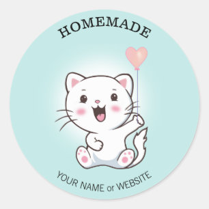 Sticker Rond Cute Happy Chat Blanc avec Ballons Coeur fait mais