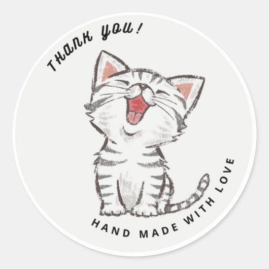 Sticker Rond Cute Happy Chat Kitten Merci gris (Devant)
